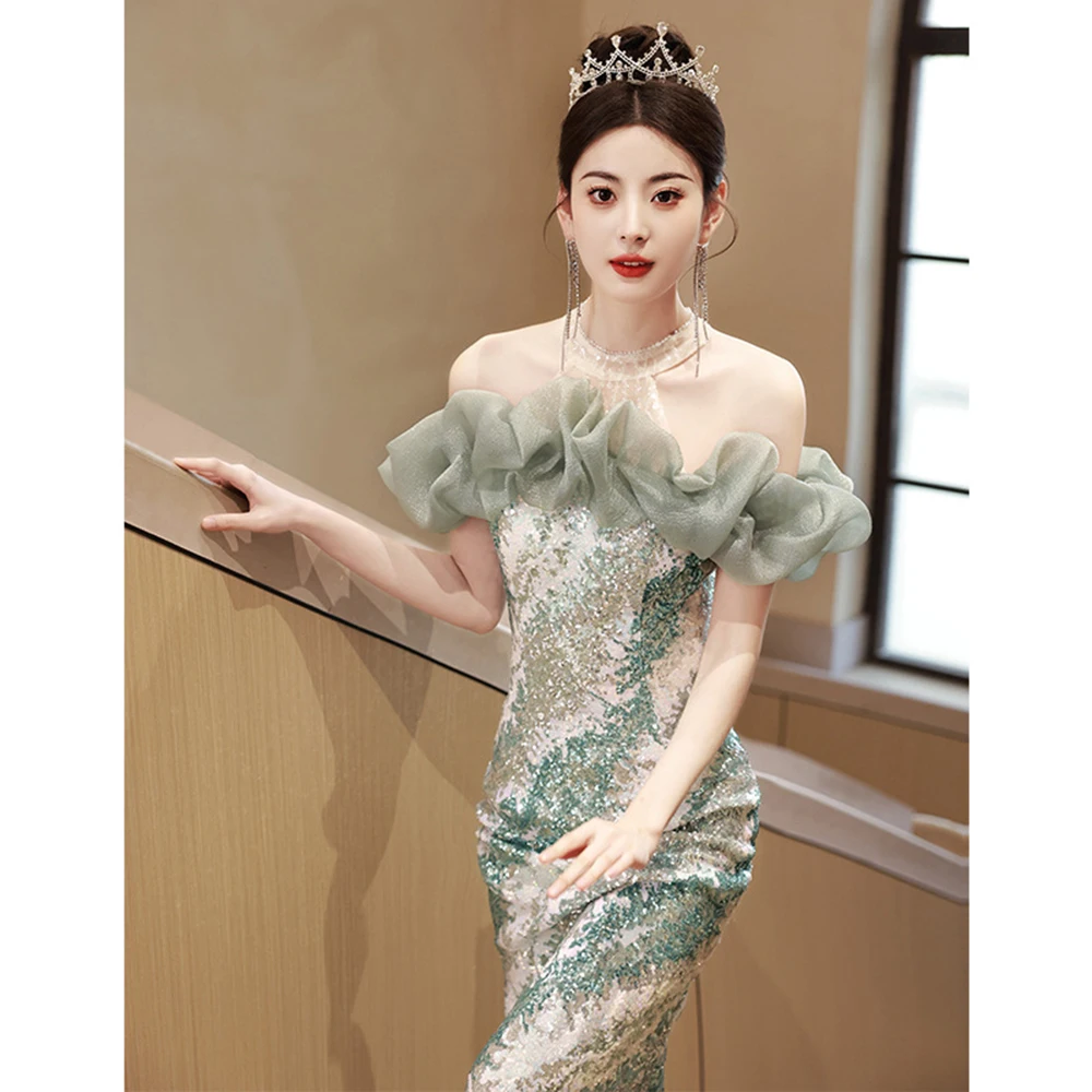 Luz francesa luxo brilhante lantejoulas vestidos elegante luz verde gradiente fishtail socialite vestido de baile fora do ombro longo