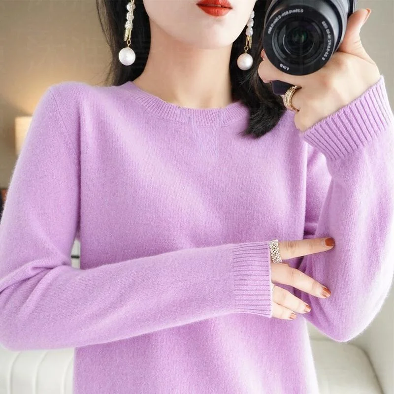 ฤดูใบไม้ผลิและฤดูใบไม้ร่วง 2025 ใหม่ขนสัตว์รอบคอเสื้อกันหนาวผู้หญิงเสื้อถักสีทึบยาวเสื้อ \ \ \ \ \ \ \ \ \ \ \ \ \ \ \'s บาง underlay