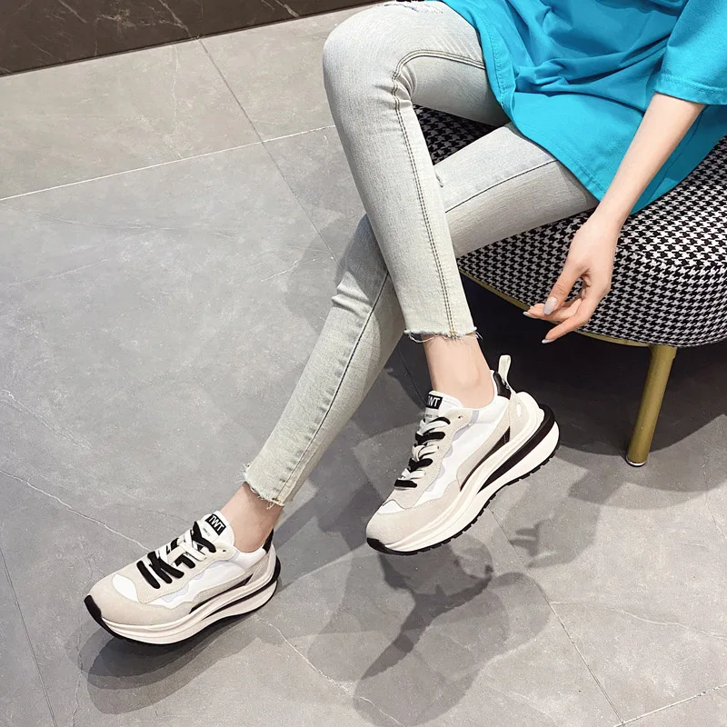 CXJYWMJL Genuine Leather Women Platform Sneakers Spring Casual Sports Chunky Shoes Ladies Thick Soled Breathable Vulcanized Shoe