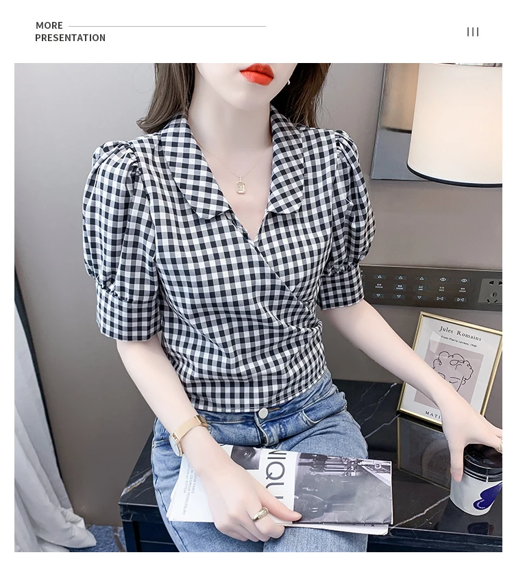 Summer 2024 Women\'S Clothing Fashion Plaid Short Sleeve Shirt French Waist Puff Sleeve Short Top Hot Girl Pink Shirt