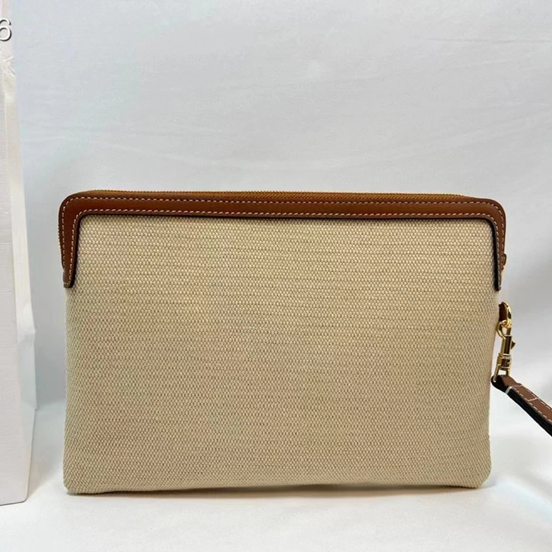 

2024 New Linen Spliced Brown Leather Handbag - Fashionable and Simple Large Capacity Unisex Wallet