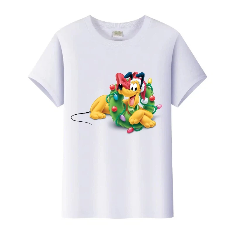 

Disney Mickey Mouse Pluto Christmas Graphics Tees Kids O-Neck T-Shirt Women Streetwear Clothes Plus Size Tops Family Man Blouses