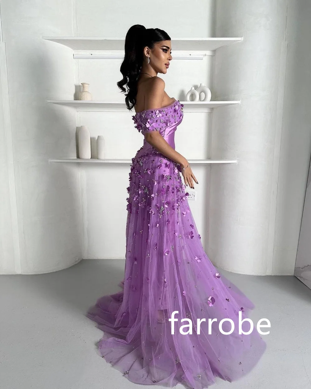 Customized Pastrol Tulle Pleat Flower A-line Off-the-shoulder Long Dresses Homecoming Dresses Unisex Chinese Style Formal Casual