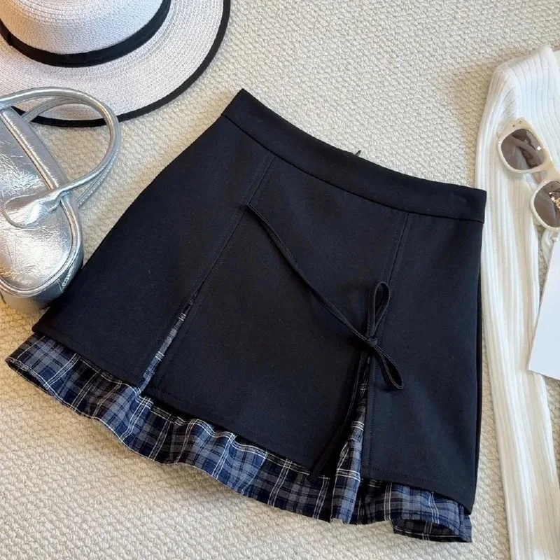2026 Spring Summer Women Split Blazer Skirt Vintage Plaid Patchwork High Waist A-Line Mini Skirt Elegant Slim Fashion Skirt