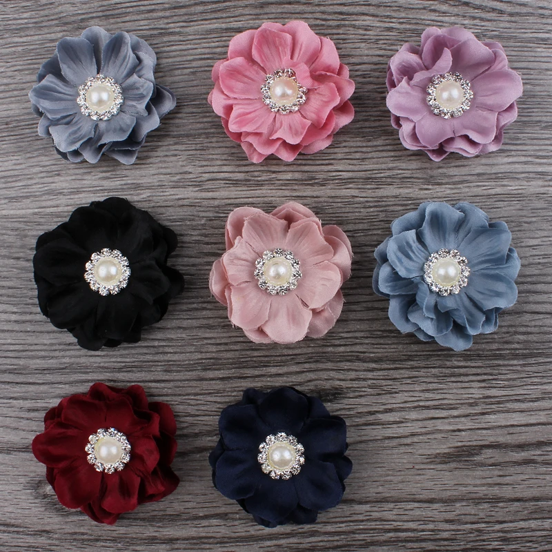 4pcs/lot 4.6cm 8colors Mini Felt Flower+Rhinestone Pearl Bead For Kids Girls Hair Accessories DIY Fabric Flowers For Headbands