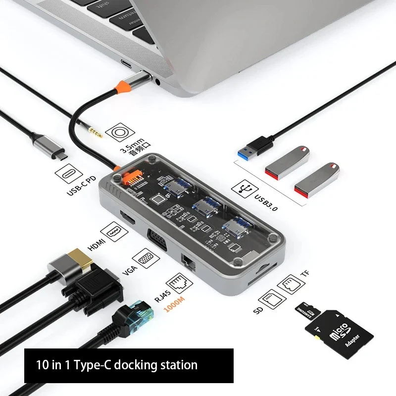 

USB-C Hub 4K 5 ГБ Док-станция типа C к HD-совместимому Ethernet-порта RJ45 PD 100 Вт Адаптер для USB 3.0-концентратора Настольный ноутбук