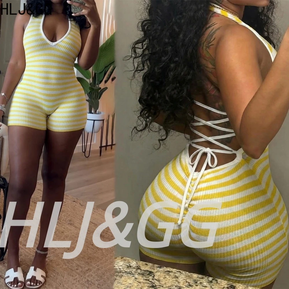 

HLJ&GG Yellow Fashion Stripe Bodycon Halter One Piece Rompers Women V Neck Sleeveless Backless Bandage Jumpsuits Sexy Overalls