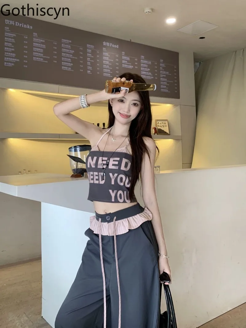 

Gothiscyn Casual Set Women's Summer Letter Printed Halter Neck Strapless Top Slim Fit High Waist Wide Leg Pants Two-piece Set
