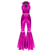 Mono vintage de una pieza para mujer, estilo disco de los años 70, sin mangas, metálico, con pantalones acampanados, para fiestas retro y baile de jazz.