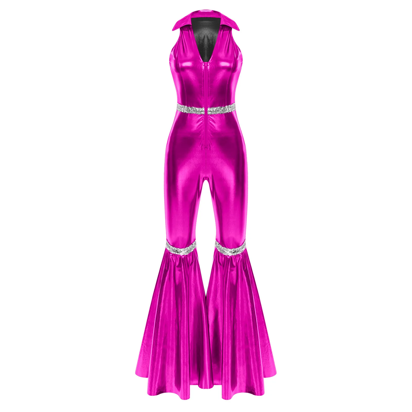 Women Vintage One Piece 70s Disco Dance Rompers Sleeveless Metallic Bell Bottom Flared Pants Jumpsuit for Retro Party Jazz Dance