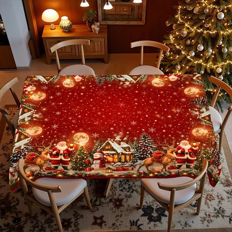 Festive Christmas-themed polyester tablecloth with Santa Claus, reindeer, snowman, Christmas tree and igloo motifs