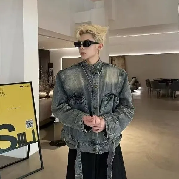 

Свободный крой, повседневная джинсовая куртка для мужчин с большим количеством воротника-стойки, тонкое осенне-зимнее новое синее джинсовое пальто