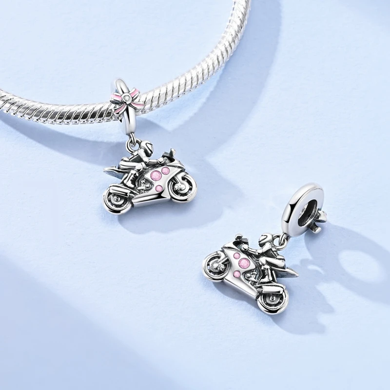 Original 925 Sterling Silver Pink Charms Beads Letter Flowers Cell Phone Girls Motorcycle Dangle Fit Bracelet Women Jewelry Gift