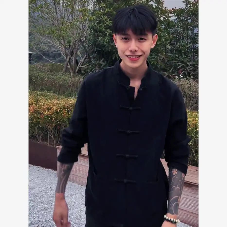 

New Chinese Sle Men's irt Thin Button Design Reformed Hanfu Summer Clothing Long Sve Middle-Aged And ly Set