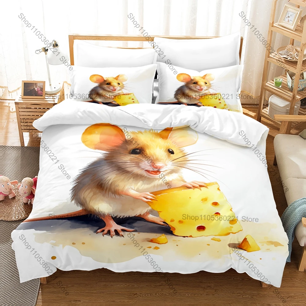 Cool Vintage Grunge Cheese Devouring Rat Kanji Text 3 Piece Bedding Set Duvet Cover + 2 Pillowcases Weird Internet Meme Lovers G