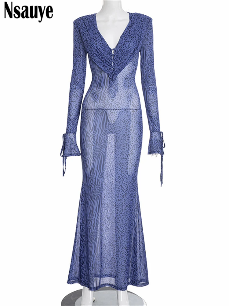 Nsauye 2025 Vrouwen Lange Mouw Laag Uitgesneden Sexy Party Night Club Jurk Party Chic Elegante Mesh Luipaard Print Bodycon Jurk Outfit