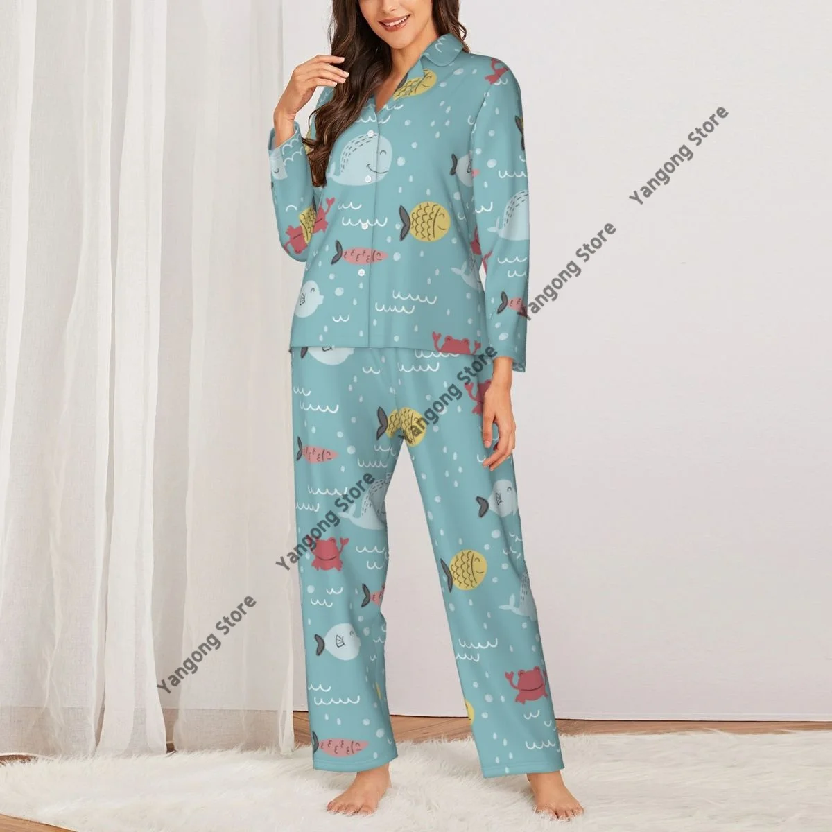 Women's Pajamas Long-sleeved Girl Loungewear Two-piece Set Hand Drawn Fish Pajamas for Autumn Spring