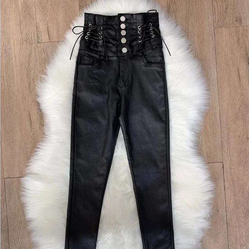 Women High Waisted Faux Leather Pants PU Leggings Single-Breasted Plus Velvet Matte Skinny Leggings Black Sexy Pencil Pants C275