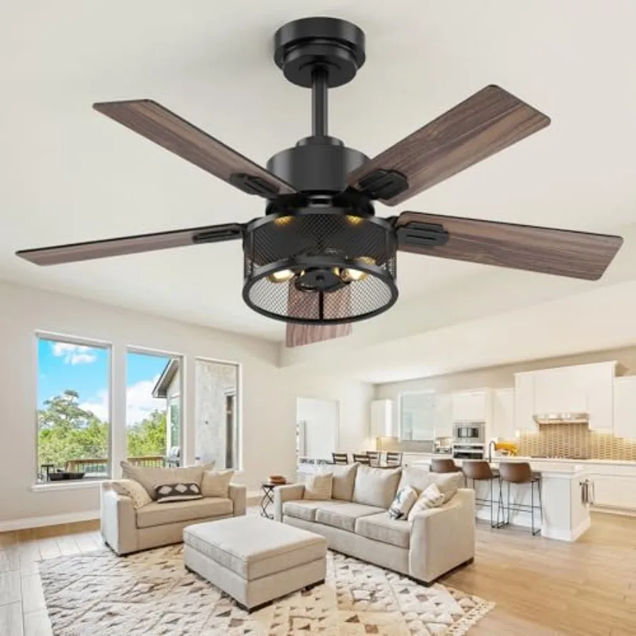 

Farmhouse Ceiling Fans with Lights and Remote 42 Inch Black Caged Ceiling Fan Indoor/Outdoor Ceiling Fan with Dual-Color Blade