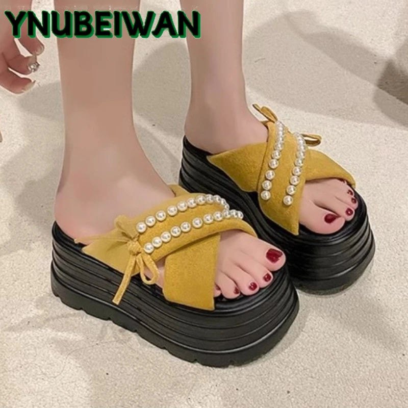 

Beaded Bow Women Platform Slippers Flats Shoes Fashion New Sandals 2025 Summer Luxury Designer Woman Casual Flip Flops Sandalias