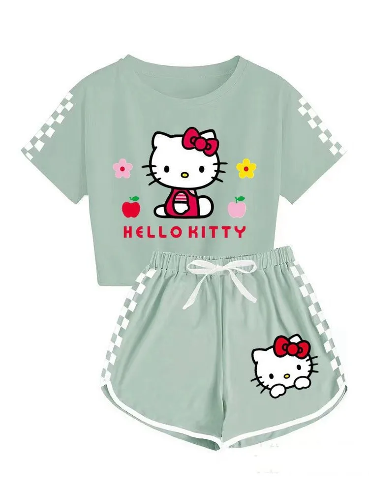 Sanurgente-Ensemble chemise et short de dessin animé pour filles, pyjama doux, manches courtes, vêtements de sport d'été, Cinnamoroll, Hello Kitty, cadeau pour fille