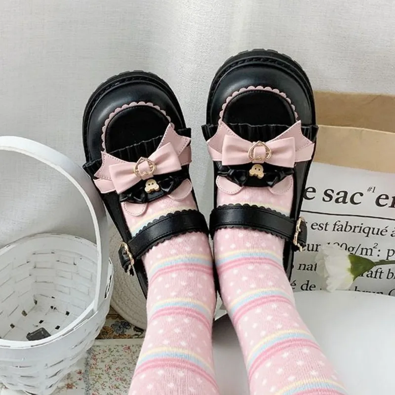 

Mary Jane Leather Shoes 2025 Sweet Women Lolita Shoes Original Cute Girl Party Bow Princess Flats Shoes 34-40