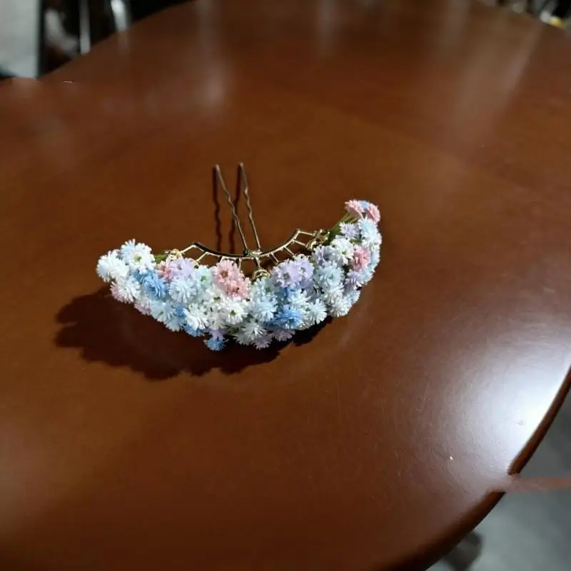 1 Stück handgefertigte Gypsophila-Blumenfächer-Haarnadel mit zarten bunten Blumen und goldenem Rahmen für Hanfu, traditionelle Feste und den täglichen Gebrauch. – Detail 11
