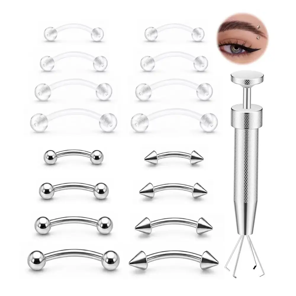 17Pcs Set Eyebrow Piercing Jewelry with Tool Stainless Steel Curved Barbells with Clear Piercing Retainers for Surgery Ball Cone