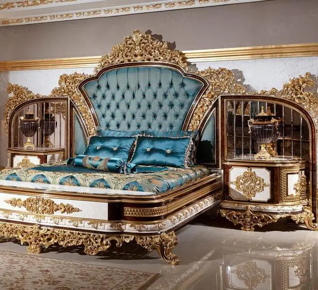 Turkish Luxury king Size Double Tufted Bedroom Sets Bed Furniture Royal Carved Solid Wooden Headboard Frame Velvet Fabric Bed