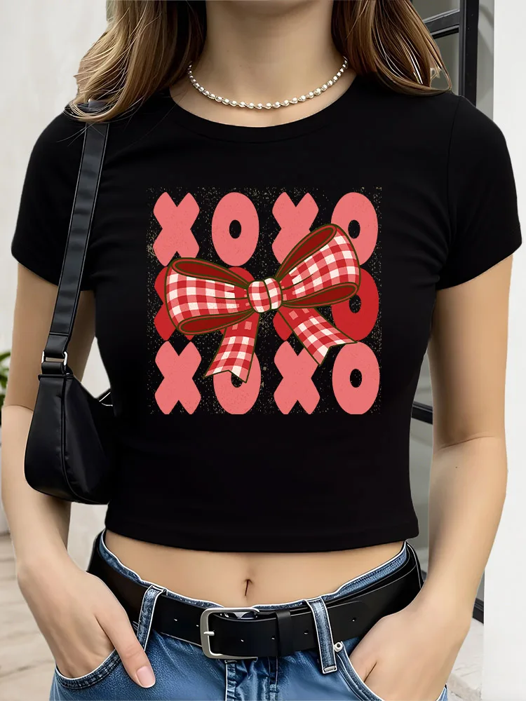 

Xoxo and Bow Women Graphic Crop Top Black Short Sleeve Slim Fit T-Shirt Basic Spring Summer Top