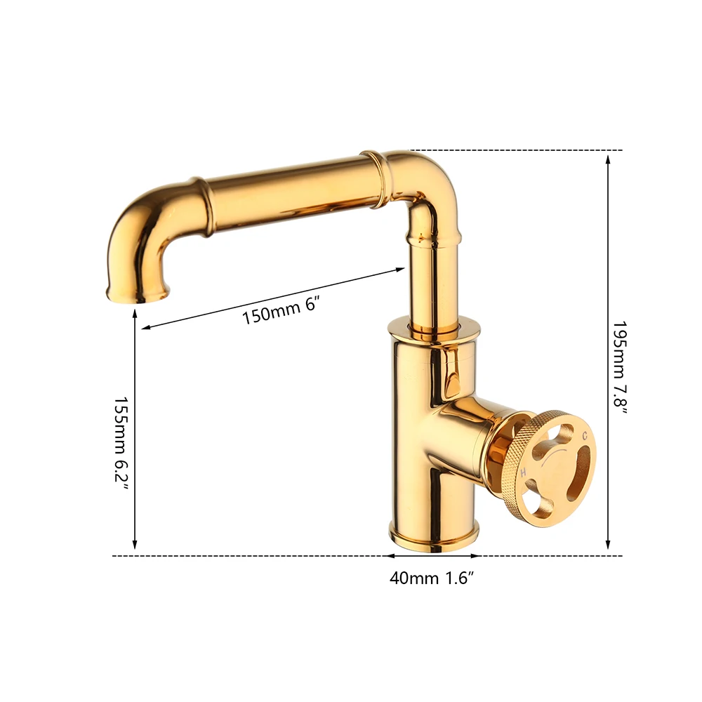 Imagem -04 - Monite Estilo Industrial Banhado a Ouro Torneira da Bacia do Banheiro Latão Sólido Lavatório Pia Misturadora Quente & Fria Deck Montado Torneira