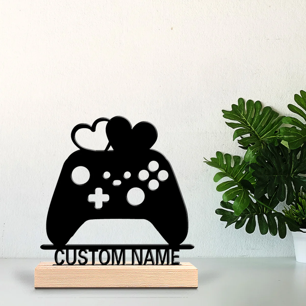 1pc gamepad love Customized Text Metal Statue Metal Ornament Handicraft With Wood Base Iron Sculpture Bedroom Table