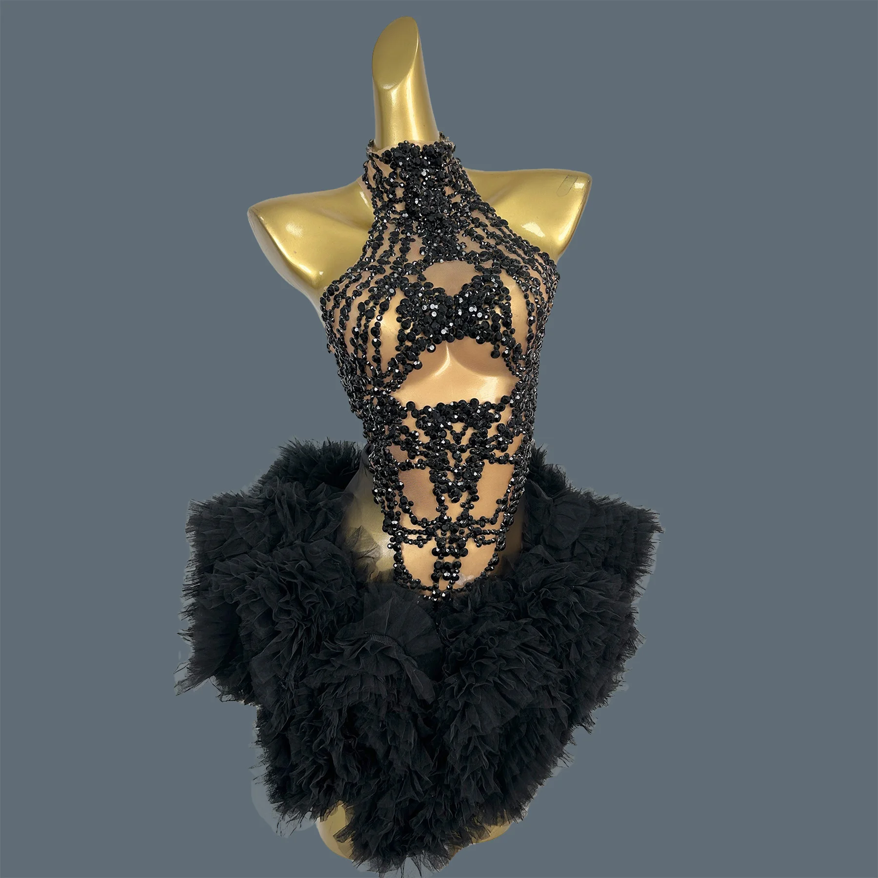 

Club Outfit Sparkly Rhinestone Sleeveless Cocktail Dress Birthday Party Sexy Women See Through Mesh Mini tutu Black Dress Yaolan