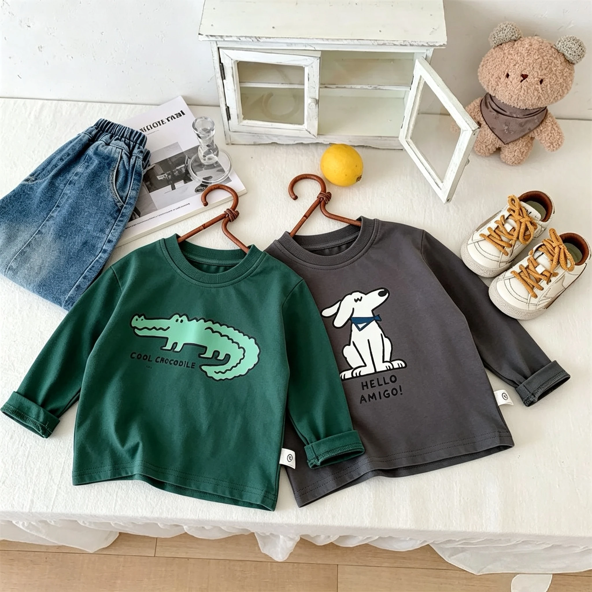 Baby Boys And Girls Autumn Clothes Long Sleeve Tees Base Shirt Tops Solid Color Print Children Crewneck Pullover Blouse 9m-7y