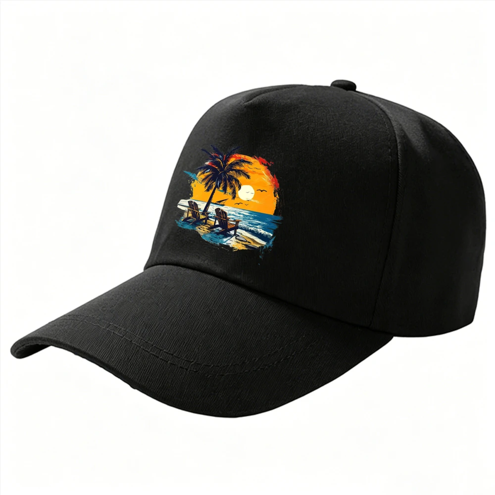 Tropical Beach Sunset Palm Tree Lounge Chair Seagull Graphic Dad Hat Summer Beach Vacation Casual Cotton Adjustable Baseball Cap
