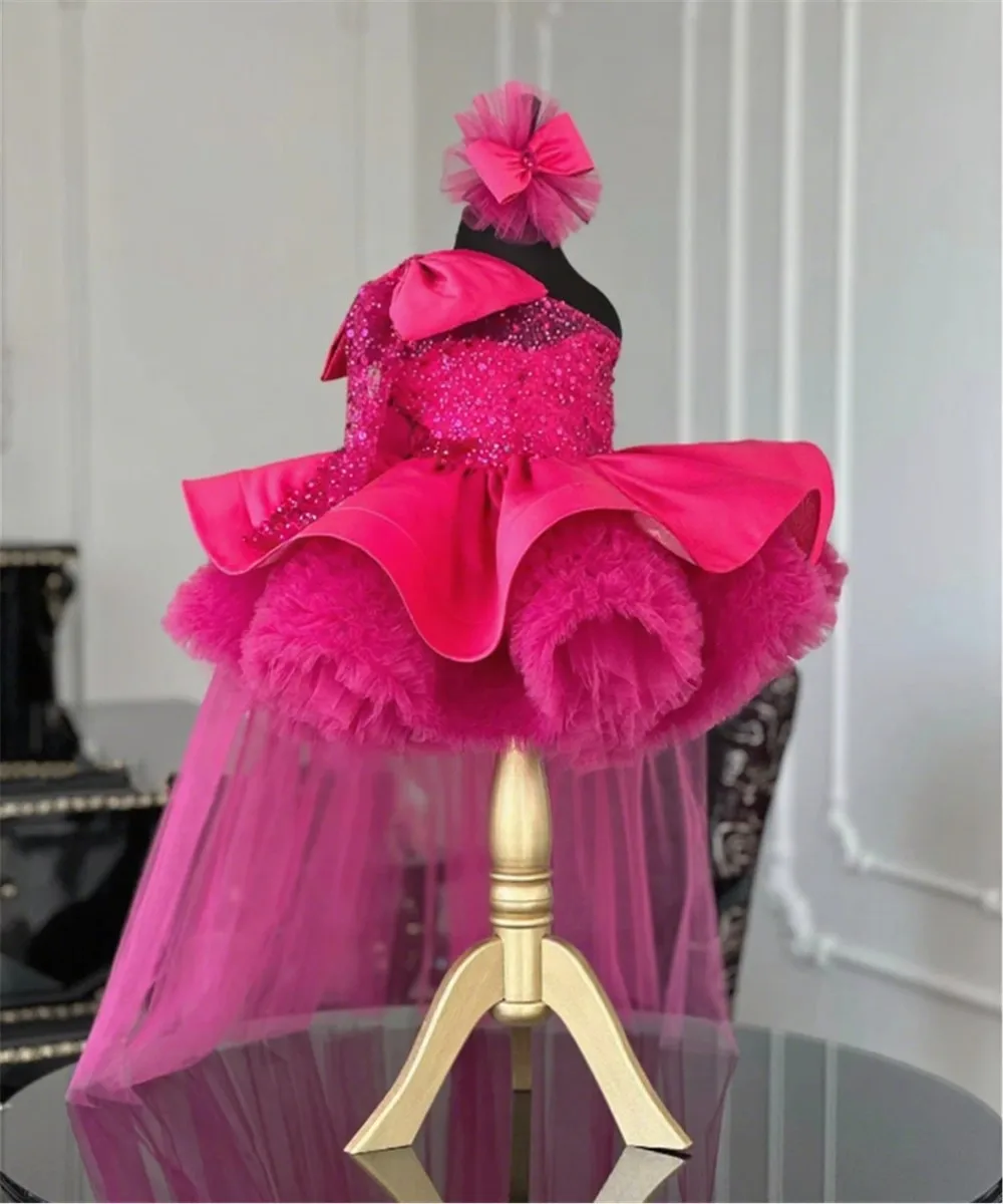 

Luxury Hot Pink One Shoulder Flower Girl Dress For Wedding Puffy Sequins Child First Eucharistic Birthday Party Dress Customized