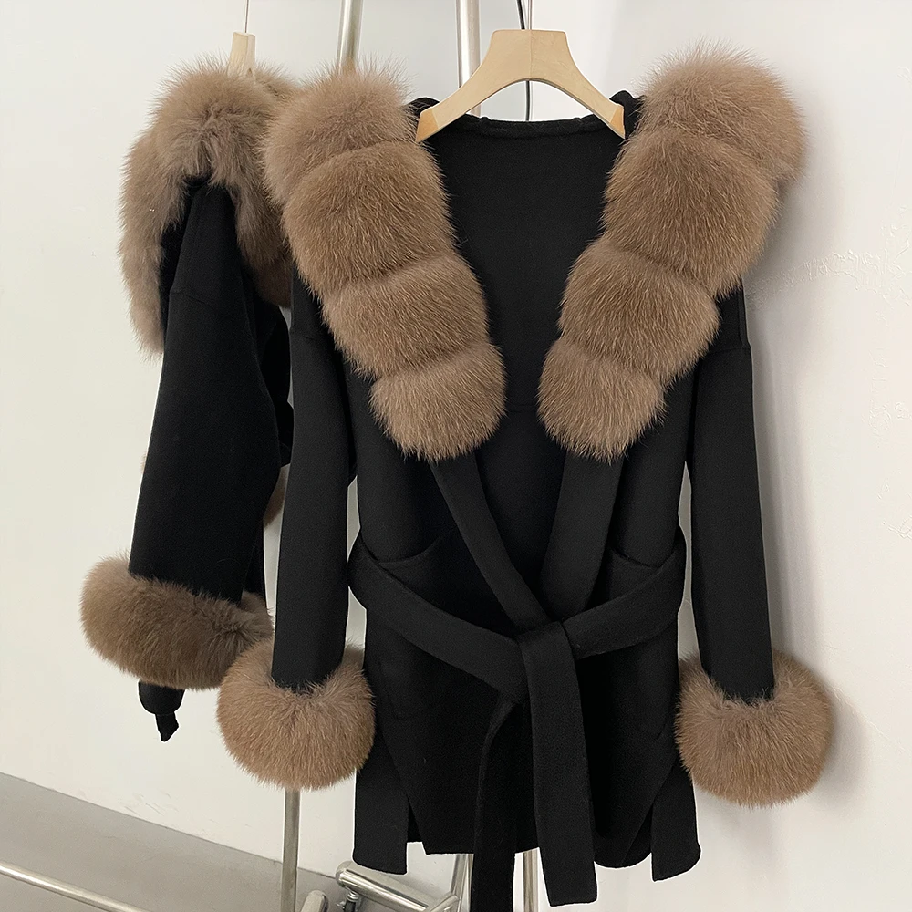 

Элегантная шерстяная куртка Осеннее шерстяное пальто из натурального лисьего меха для женщин с капюшоном и воротником из натурального меха и манжетами Шерстяная куртка с мехом кашемира