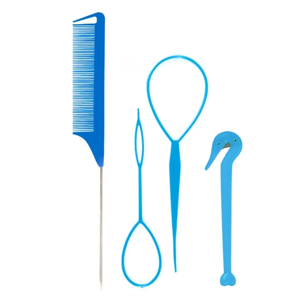 4pcs/set Loop Elastic Hair Bands French Braid Tool Mouse Tail Comb Metal Pin Tail Hair Knitting Tools Four Piece Set