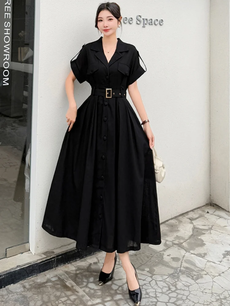 فستان SMTHMA الفرنسي الكوري الأنيق للنساء لصيف جديد 2025 فساتين طويلة أنيقة بمزاج الخصر النحيف السخية مع حزام