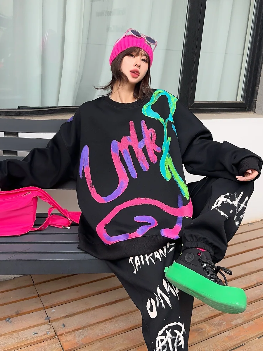 Casual Graffiti Oversized Pullover Sweatershirt 2 Piece Sets Women Outfits Y2k Clothes Sweatpants Pant Sets Vestidos Sportsuits