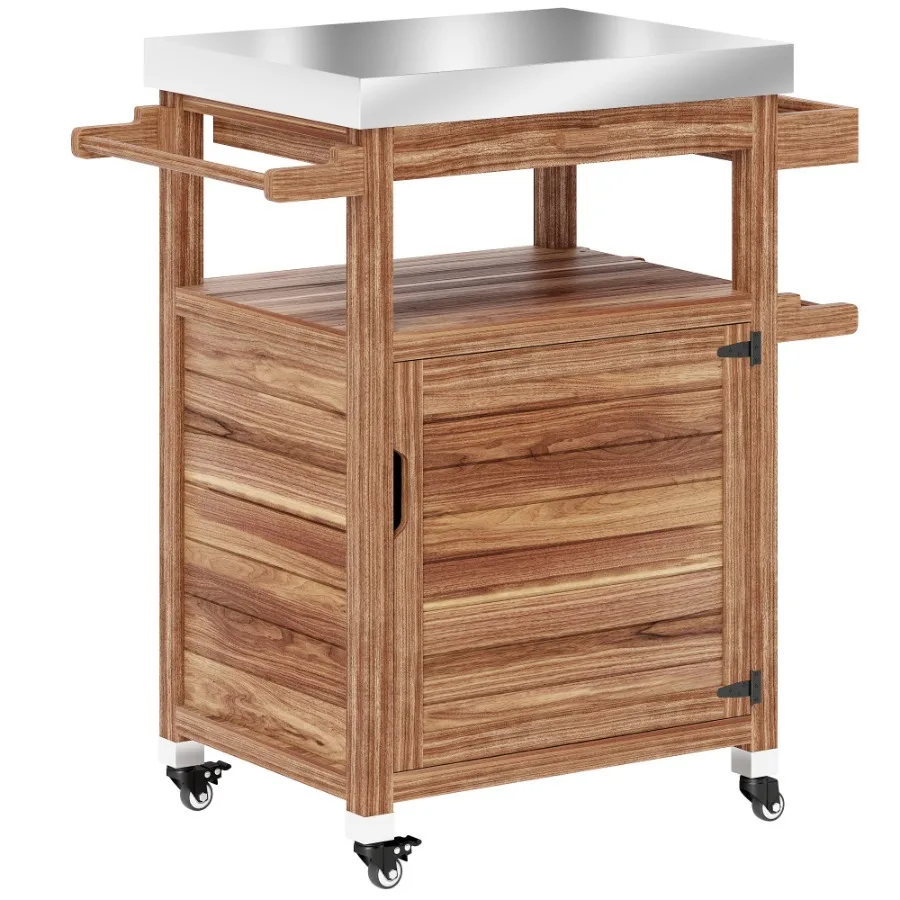 

Outdoor Grill Cart with Stainless Steel Top Solid Wood Outdoor Kitchen Island with Wheels Drawer Side Handle Brown