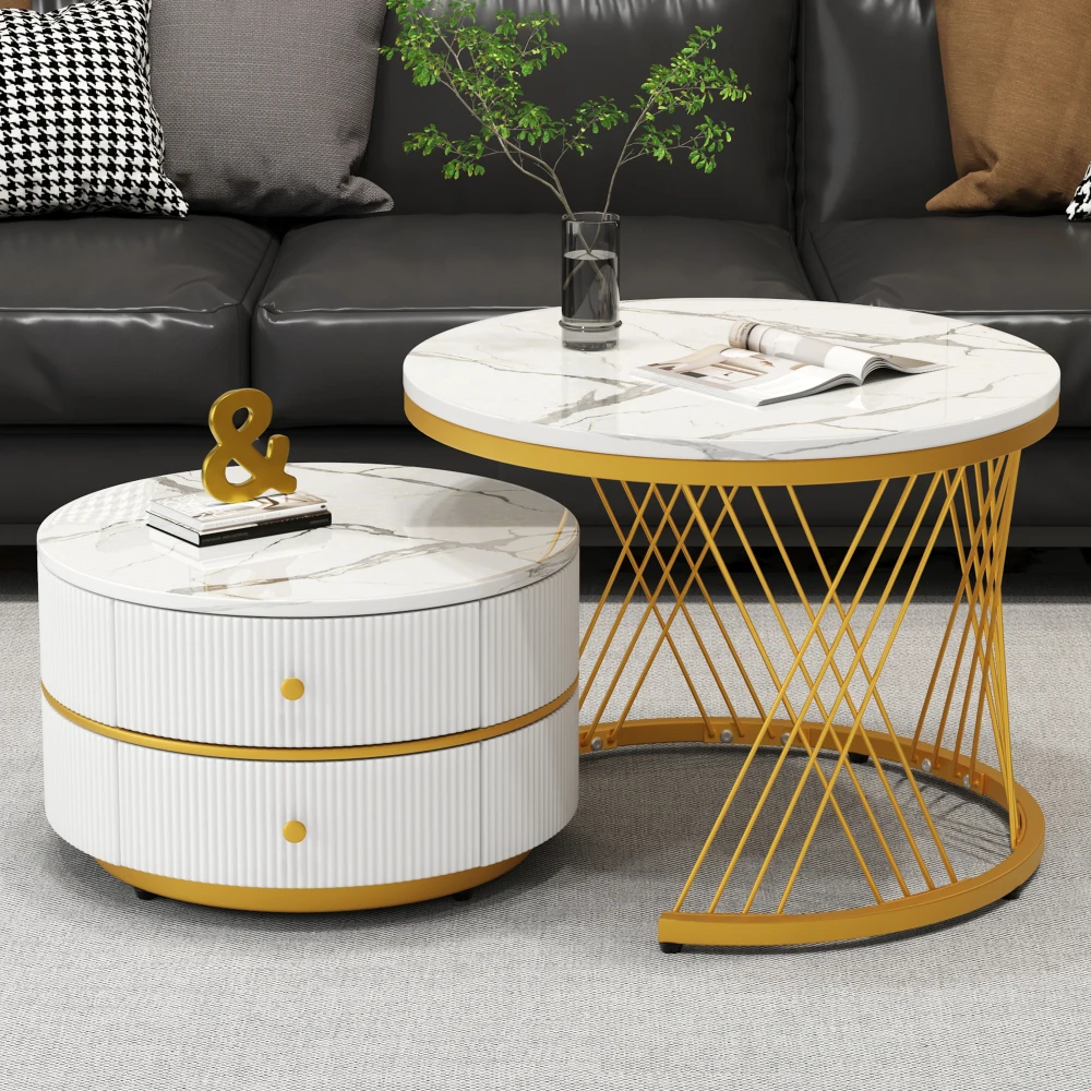 Image of Elegantes 2-teiliges Couchtisch-Set in Nesterform, runde Tische mit Hochglanz, 2 Schubladen, ineinander steckbarer Couchtisch