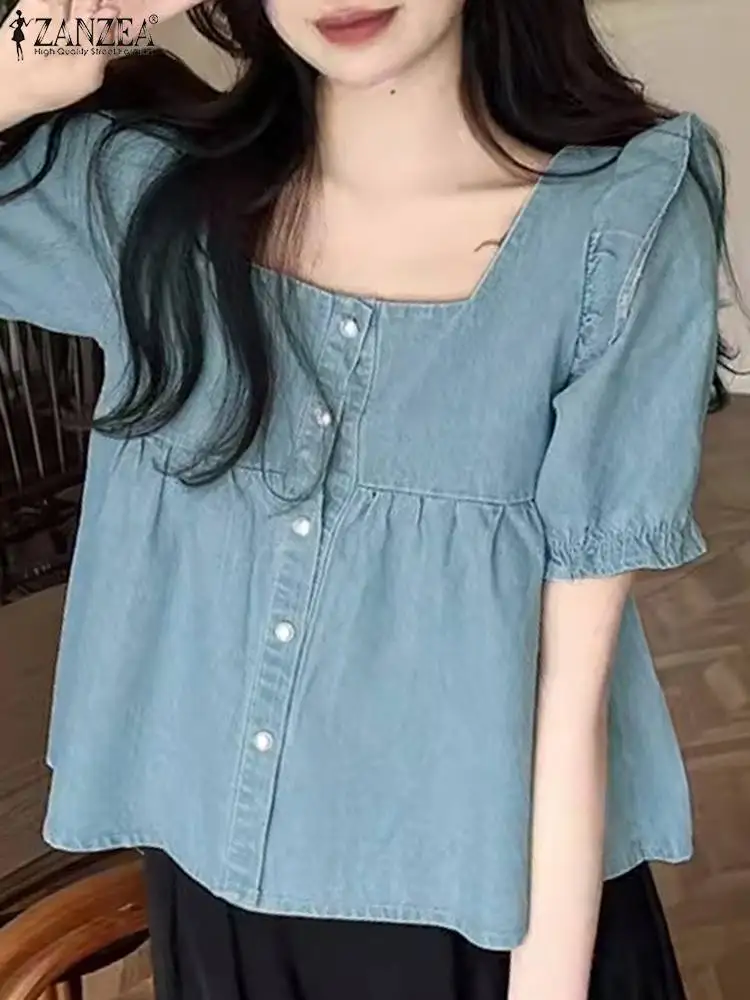 ZANZEA Korean Women Denim Shirt Sweety Ruffle Short Sleeve Blouse Vintage Square Collar Cropped Tops 2024 Summer Pleated Blusas