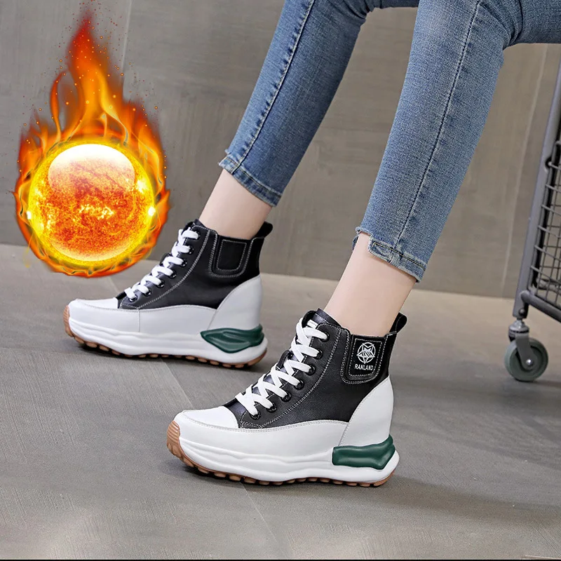 New Genuine Leather Women's Shoes Elevated Inner Height Casual High Top Shoes For Women Muffin Heel Zapatos Casuales De Mujer