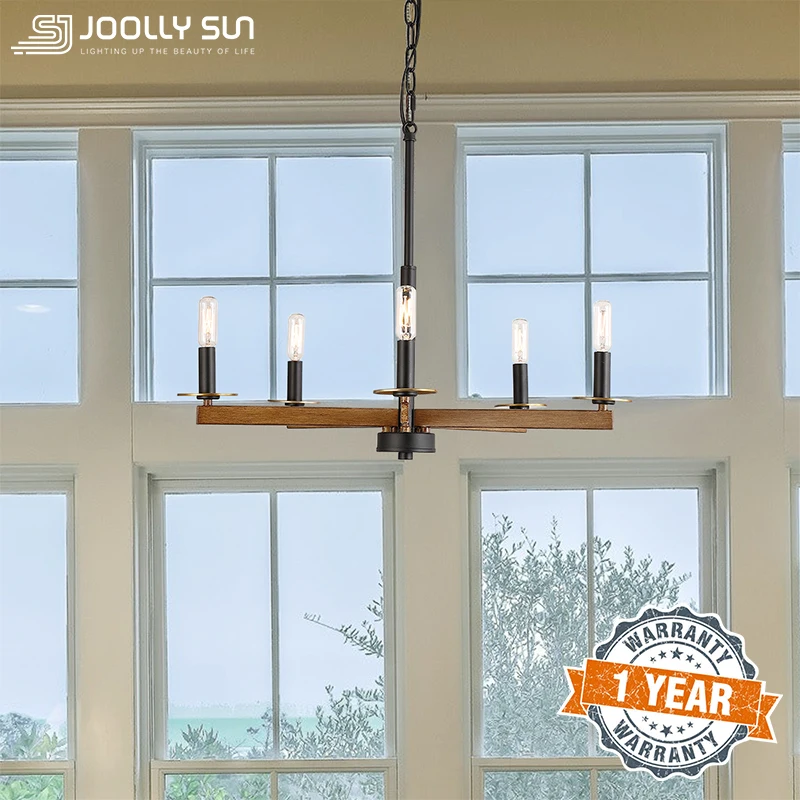 Joollysun Farmhouse Chandelier For Living Room Adjustable Chain Industrial LED Ceiling Light Fixture Dining Room Oak Wood Finish