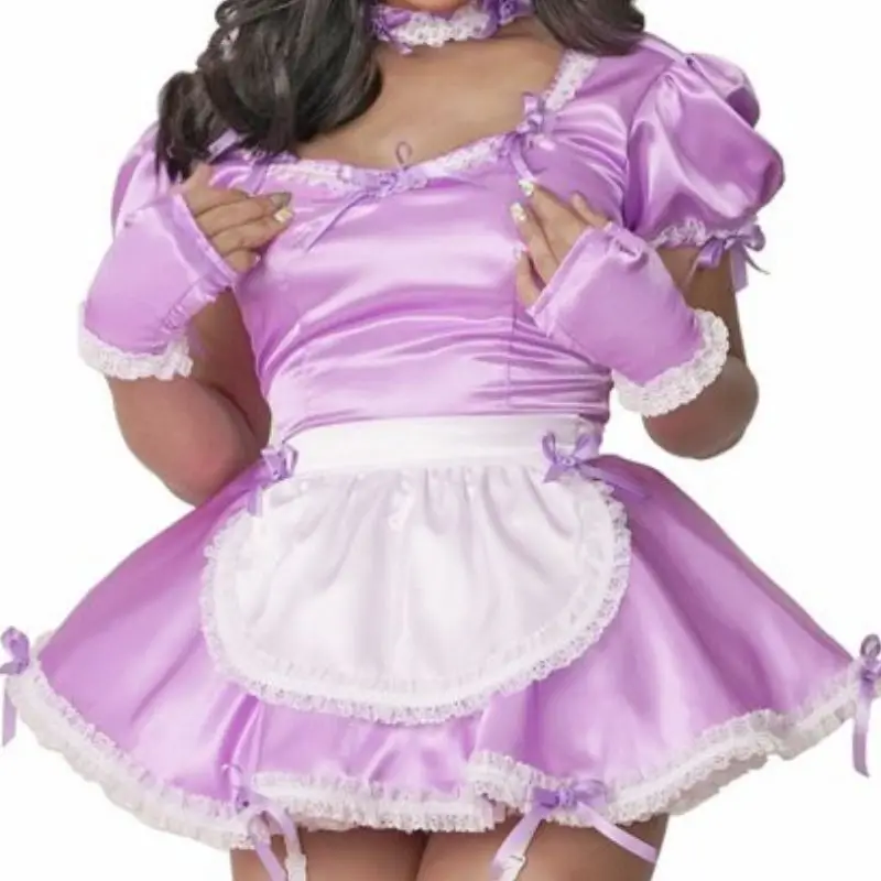 

Multi Color Adult Giant Baby Sexy Girl Purple Satin Dress White Apron Sissy Role-playing Cross Dressing Ball Maid Custom Lockabl