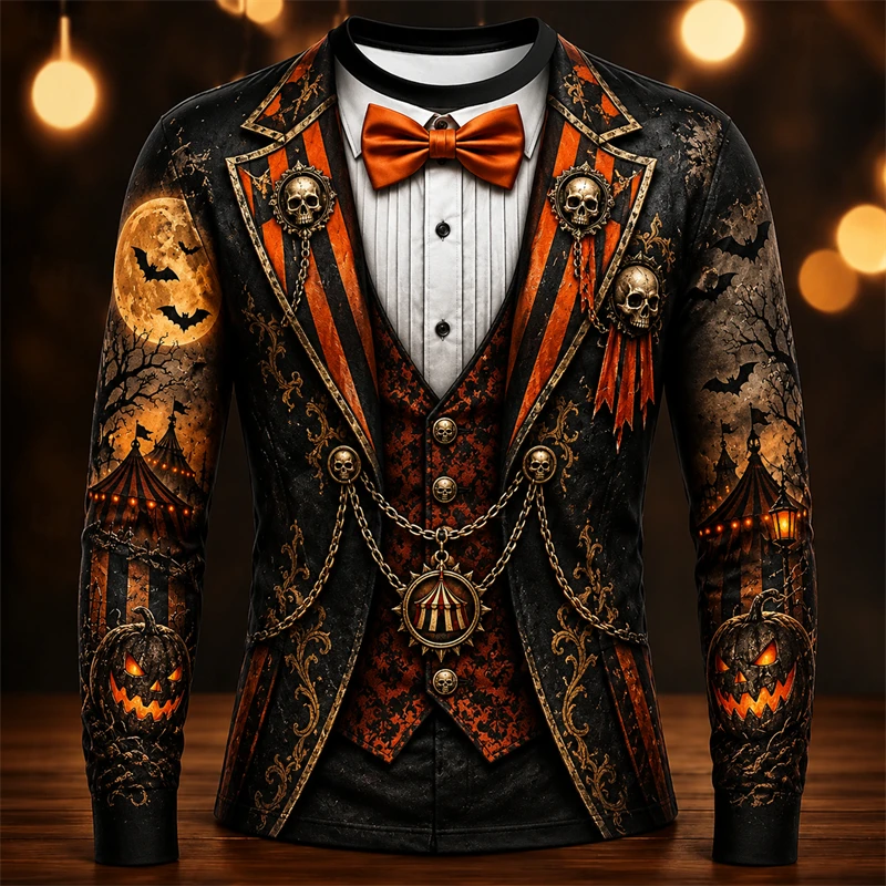 Mens Halloween Fake Tuxedo 3D Print Long Sleeve T-Shirt Skull Pumpkin Costume Graphic Tee Horror Party Streetwear Pullover Top