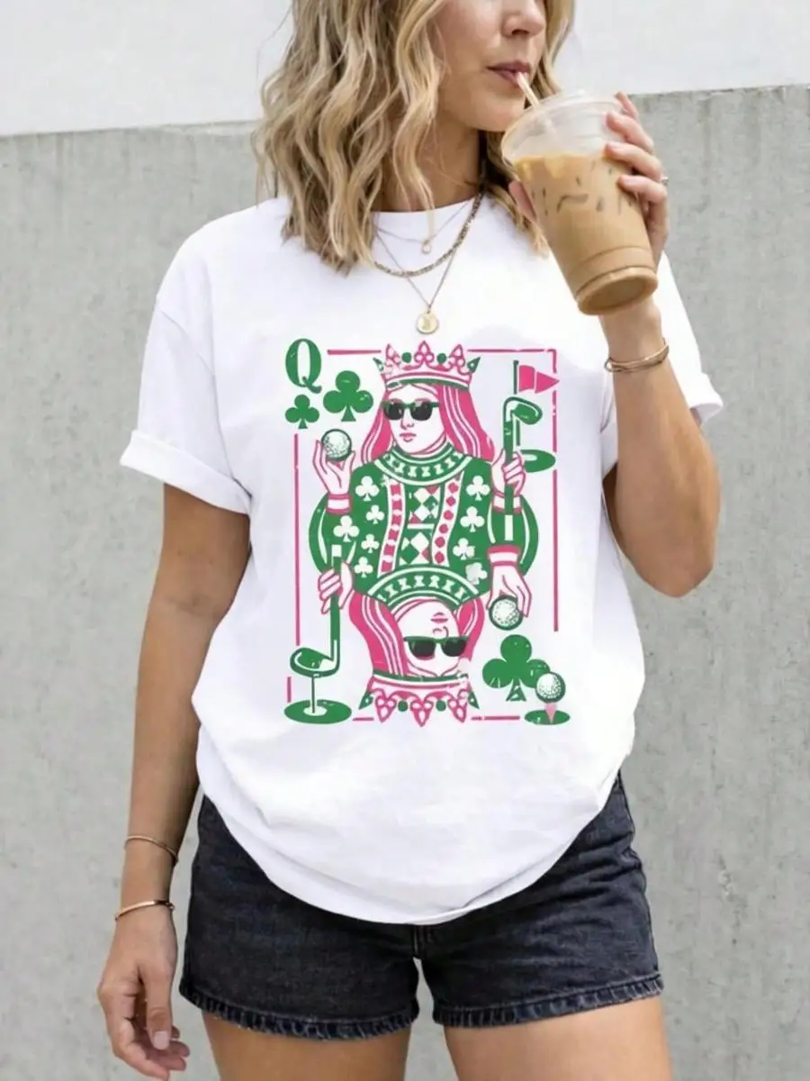 Queen Of Clubs Golf T-Shirt, Funny Golfer Playing Card Tee, Pink And Green Golfing Queen Graphic, Unique Golf Gift WomenMasters Tournament Golf