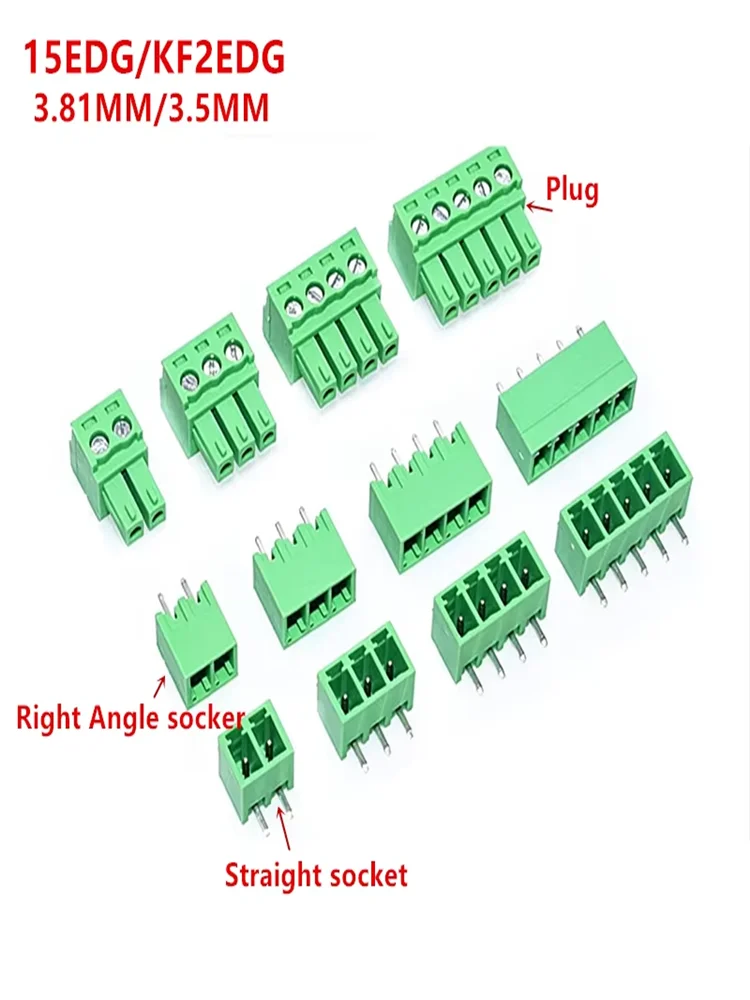 10pcs 10pairs 15EDG 3.81/3.5mm 300V8A 2/3/4/5/6-16P KF2EDG Straight Right Angle Screw Plug In PCB Wire Terminal Block Connector