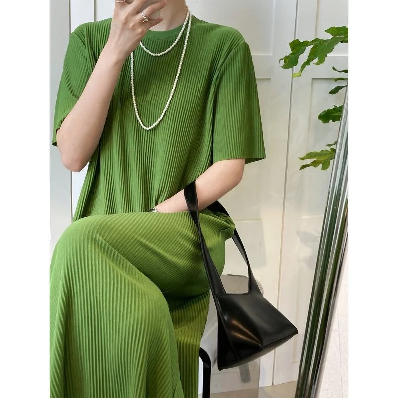 

plus Size Women's T-Shirt Dress Summer Loose Casual Midi Knee-Length Pleated Straight Cut Lazy Girl Skirt Korean Style round ...